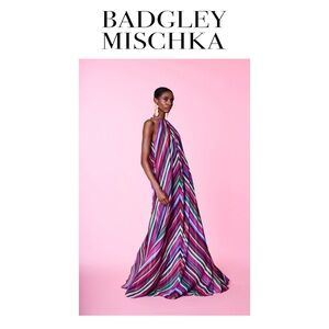 Badgley Mischka Halter Striped Gown